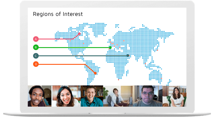 A laptop showing world map and 6 individual pictures of people on a video call