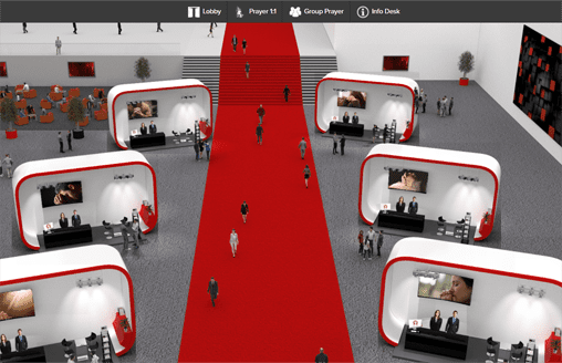 Lobby of a virtual trade show with booths of companies