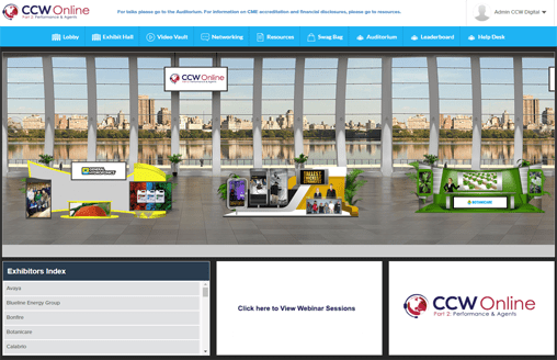 The lobby of an online trade show showing booths of companies
