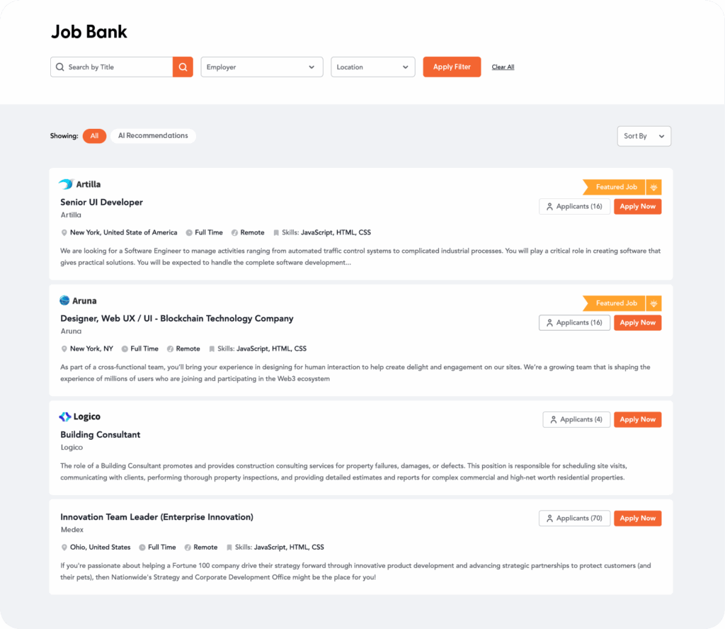 vfairs job bank that shows all the jobs on the virtual career fair platform