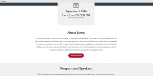 virtual event landing page showing information about the event