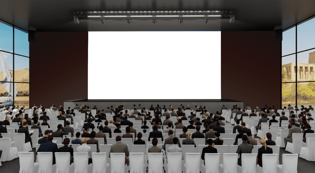 Virtual auditorium where presentations are casted for hybrid event 