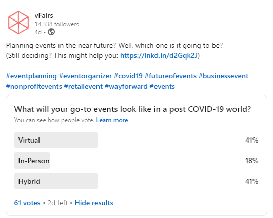 vFairs poll showing what events planners will use post-COVID 19