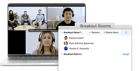 product mockup of team meeting through an embedded Zoom breakout room 