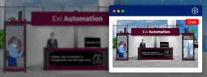 mockup of a virtual and physical event booth mirroring each other at a hybrid event