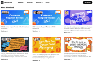 Resources page featuring all of Intercom's previously recorded webinars