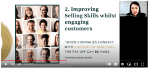 A woman presenting a webinar and slides featuring a large collage of faces