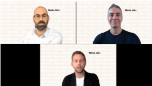 Three male presenters speaking at a webinar, each with matching white backgrounds and their names in the top right side of their respective screens