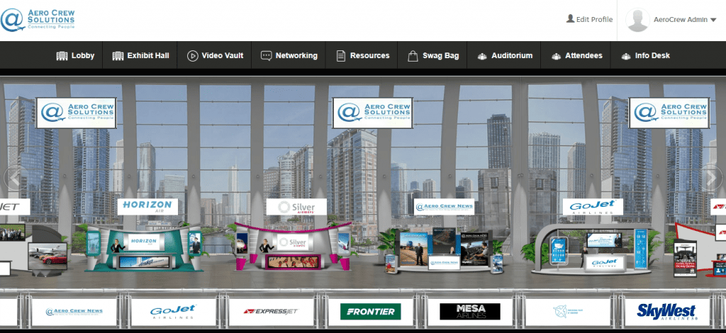 This illustration shows an exhibit hall from a Virtual Job Fair in the vFairs platform with multiple booths.