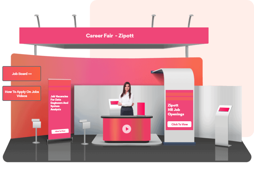 This illustrations shows a booth layout from a vFairs Virtual Career Fair with an avatar, clickable posters, and branding.