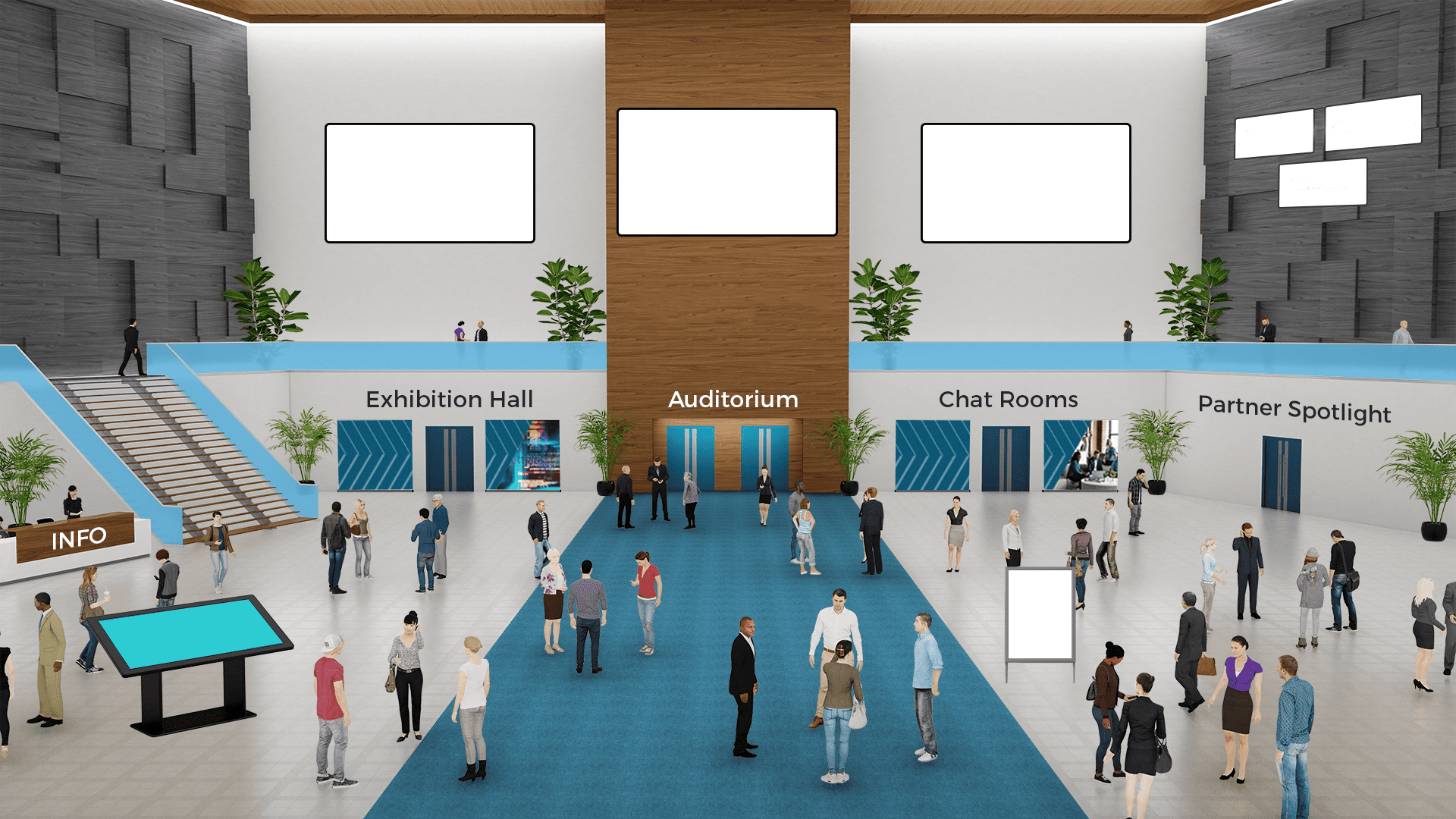 This illustration shows a virtual event lobby in the vFairs platform.
