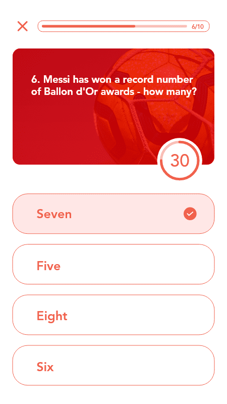 This illustration shows an example trivia question with multiple choice answers in the vFairs mobile event app.