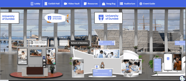 Some booths from the exhibitor hall at the University of Dundee's Virtual Open Day in the vFairs platform. 