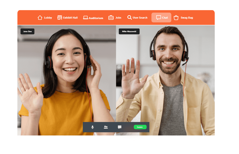 This illustration shows a vFairs Networking Feature where two people connect via a video call.