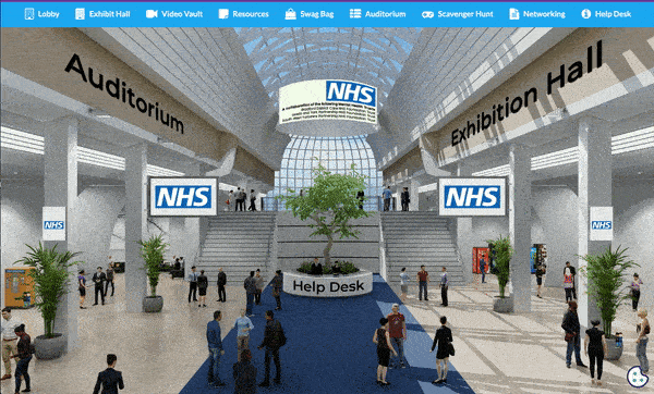 This animation shows the main lobby of the NHS First Virtual Recruitment Fair in the vFairs platform.