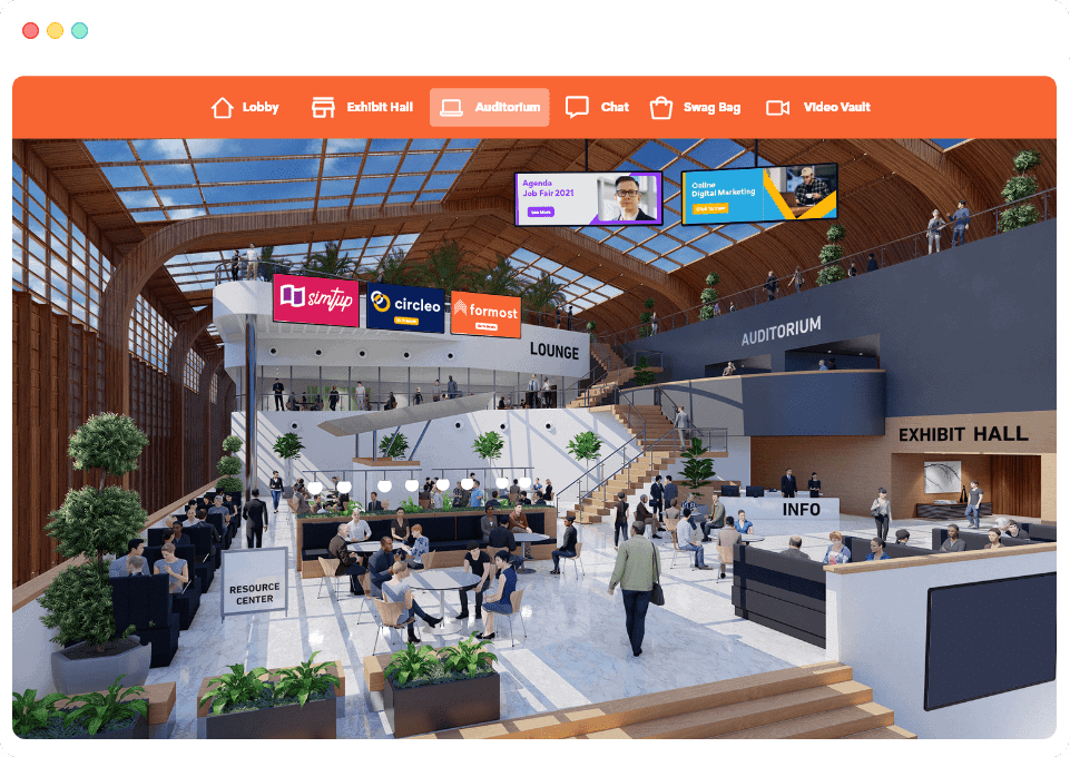 This illustration shows the main lobby of a Virtual Exhibition in the vFairs platform with avatars, sponsor posters, an information desk, auditorium, and exhibit hall.