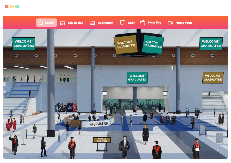 This illustration shows a vFairs Virtual Graduation event's main hall with posters, an information desk, and avatars.