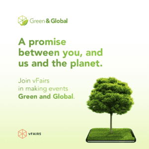 vFairs Green & Global initiative promotional tile, saying "A promise between you, us and the planet" with a call to action to join the program