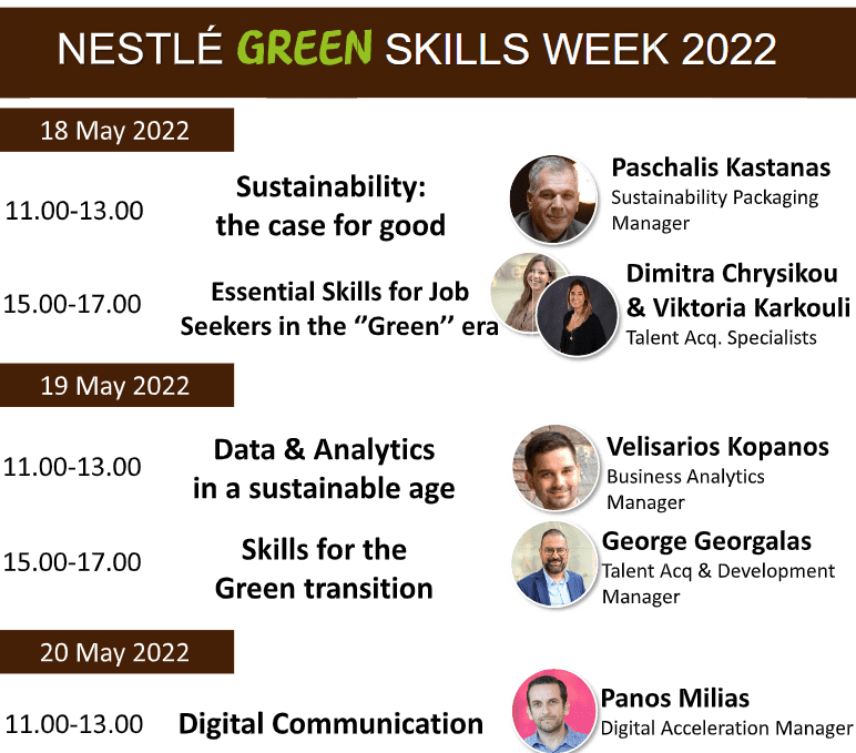 Agenda for the Nestle Green Skills Week, outlining dates, times, topics and speakers 