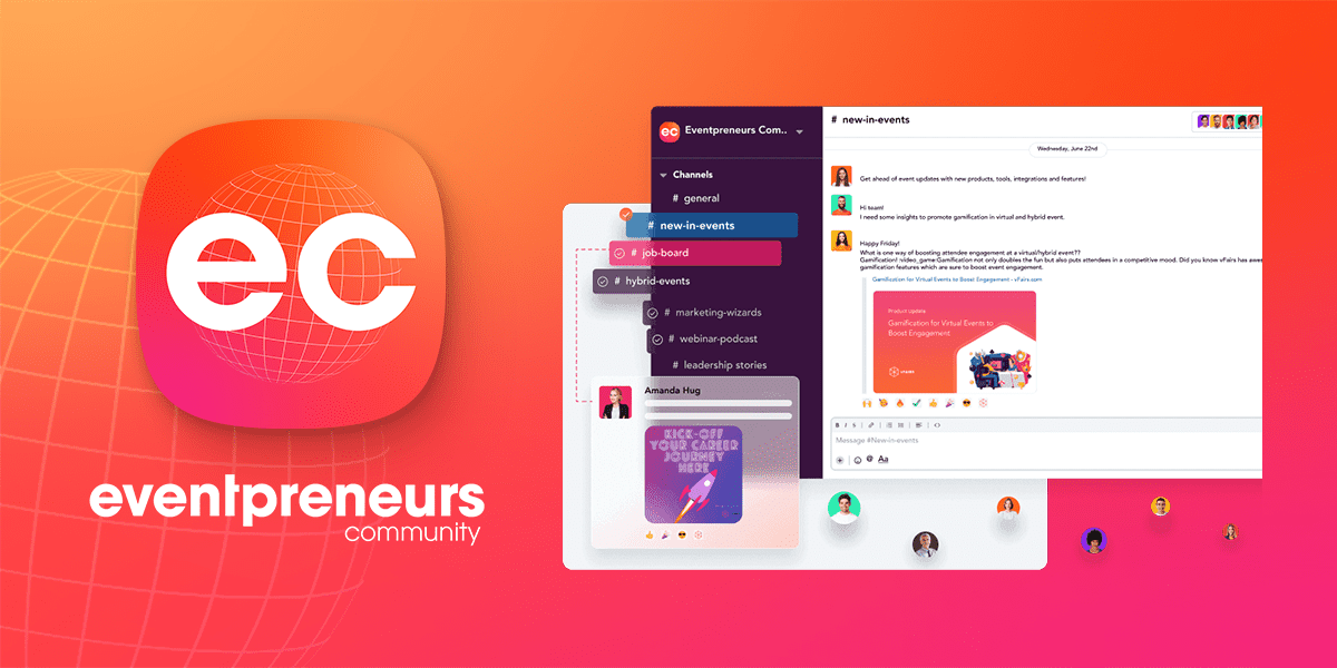 Vector showing Eventpreneurs community logo + screenshots of the event communities within Slack channel