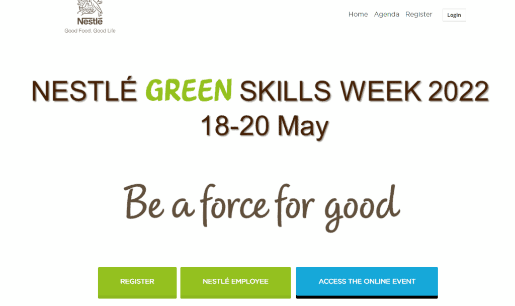 Capture of the Nestle Green Skills Week virtual event landing page with event details