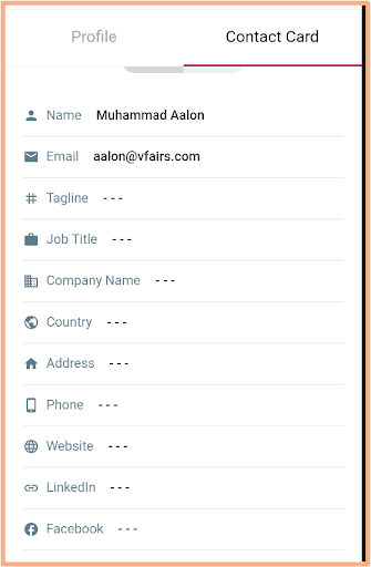 This image is showing the contact card fields on the vFairs mobile app