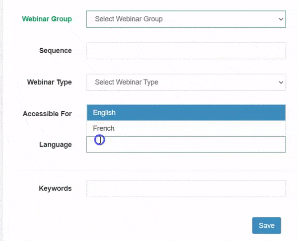 This animation shows multilingual webinar generation setting in the vFairs event backend.