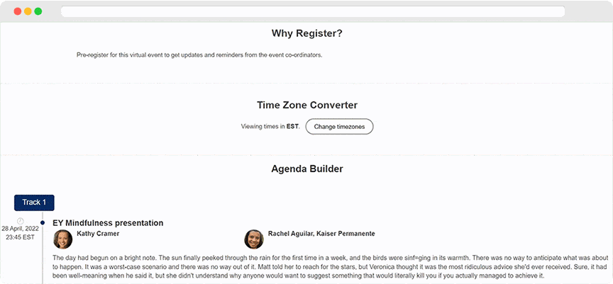 This animation shows the automatic time zone converter on an event landing page.