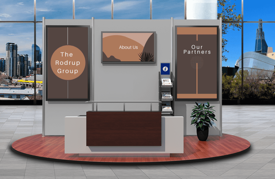 This illustration shows event sponsorship visibility within virtual exhibit booth graphics