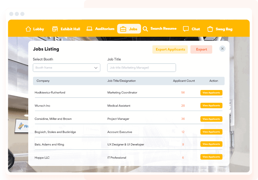 The illustration shows how a job board can look like in a virtual job fair in the vFairs platform.