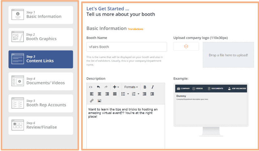 This illustration shows the booth wizard in the vFairs platform