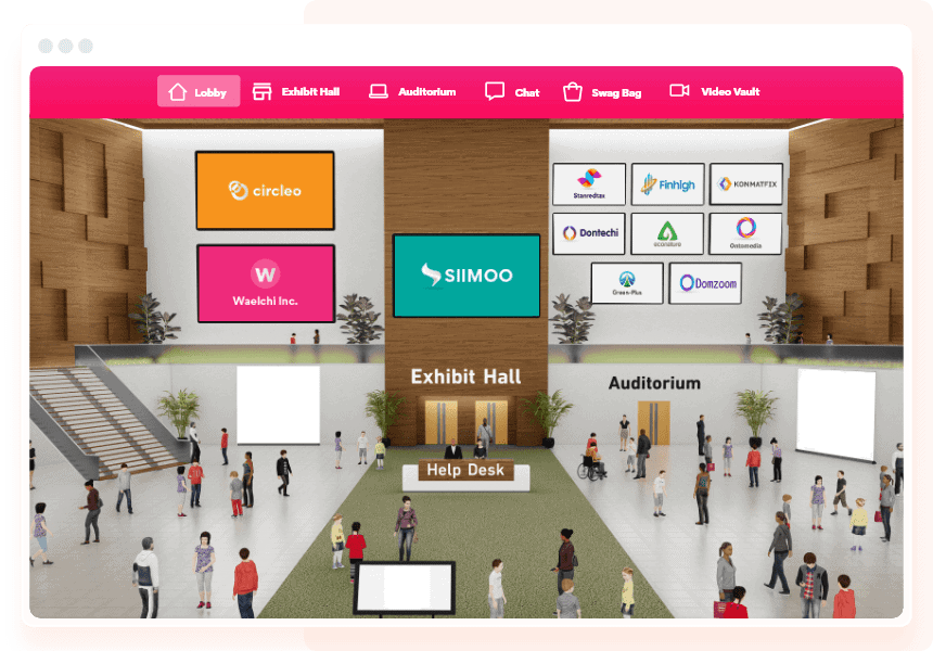 A simulation of a virtual job fair with a lobby with sponsor logos on the walls and various avatars moving around.