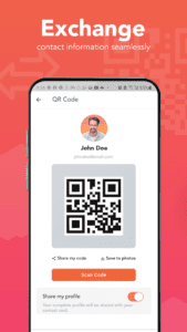 Image shows networking feature, QR code, by vFairs mobile app