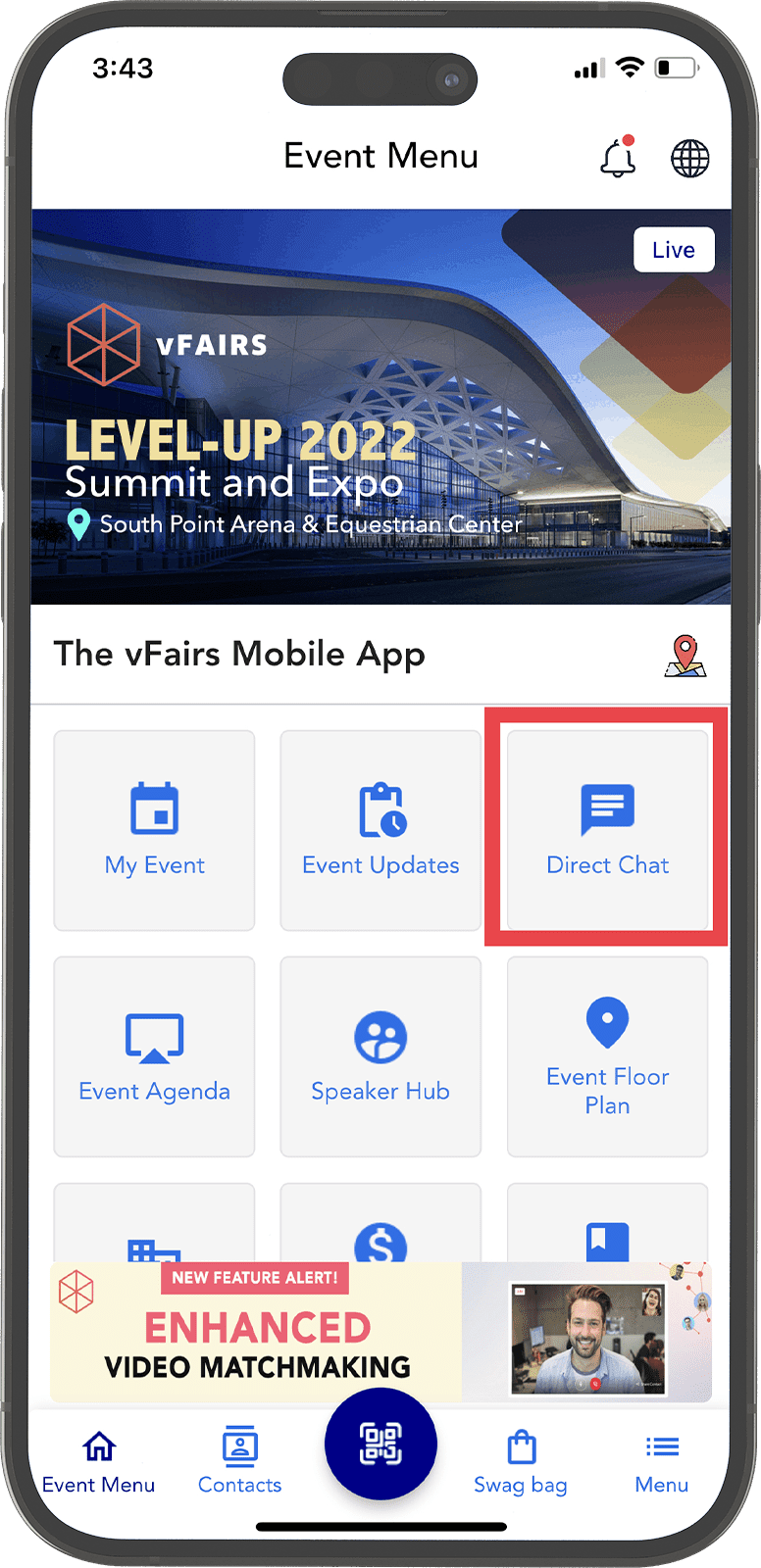 The Direct to Private Chat tile in the vFairs mobile app.