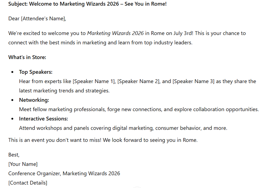 Email copy generated by AI in events