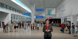 Image of Cleveland Clinic's virtual onboarding fair virtual lobby featuring directory signs and animated avatars moving about the venue. 