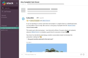 Screenshot of CultureBot integration active in a Slack channel, connecting two users with a written prompt.