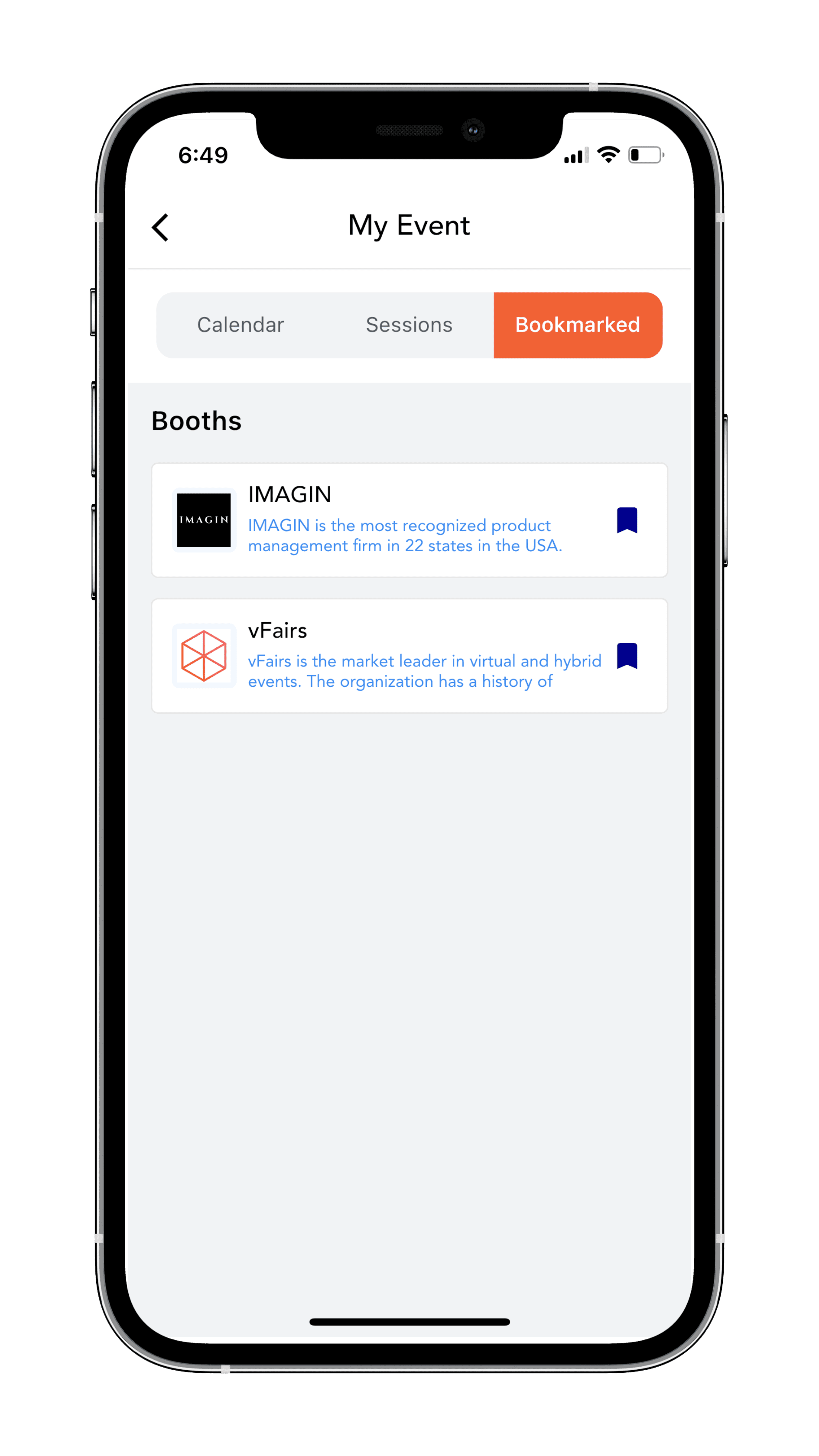 Bookmarks in vFairs mobile event app