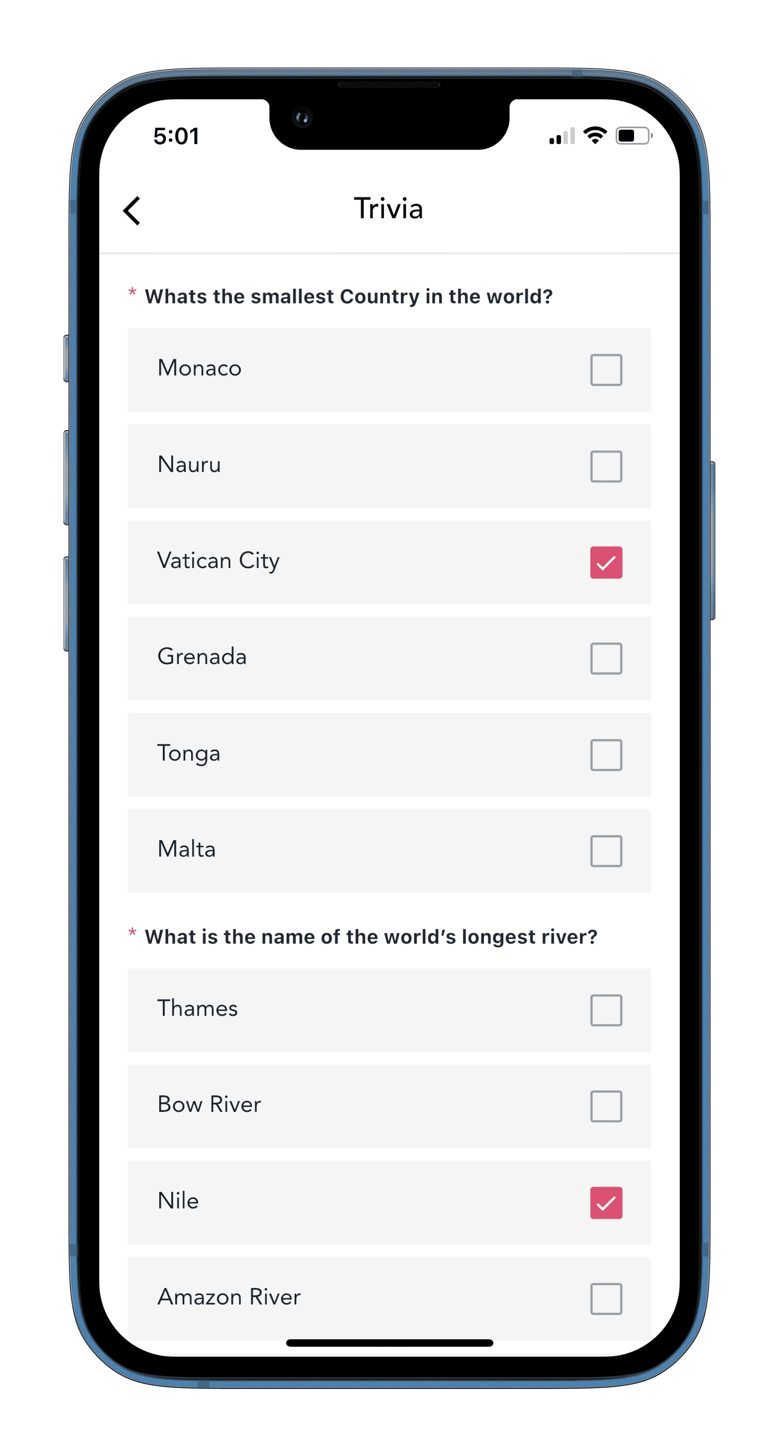 Mockup of trivia in the mobile app