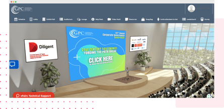 image of an auditorium within a virtual event, featuring prominent logo placement for sponsors