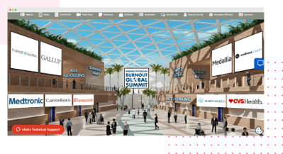 an image showing sponsor banners displayed in a 3D virtual event lobby as per event sponsorship packages for virtual venues