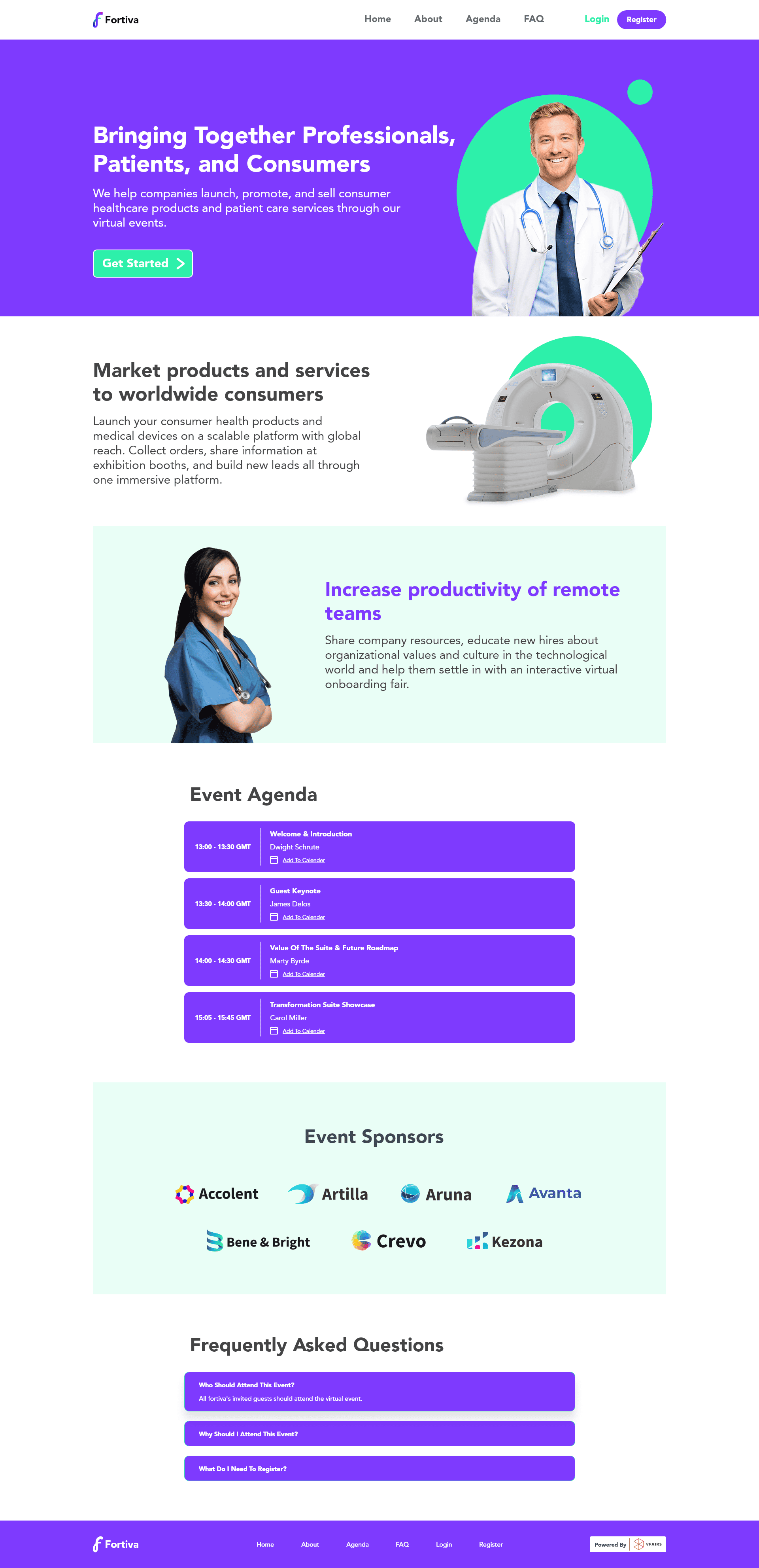 A sample for how you can design your event website with sponsors, speakers, event information, and agenda.