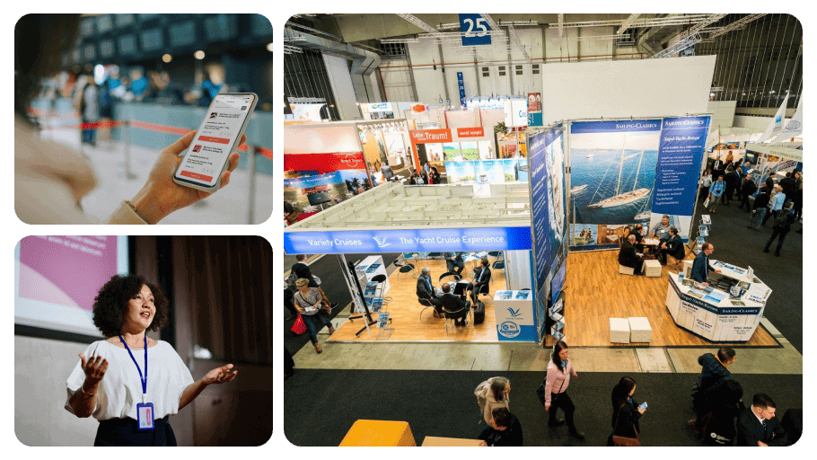 Trade show floor with exhibitor booths and attendees