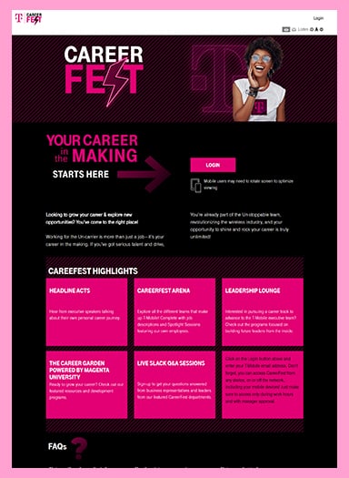 Learning basics of branding aesthetics: T-mobile career fair Landing Page