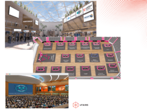 virtual event settings in immersive 3D environment including event lobby, exhibit booths and conference hall