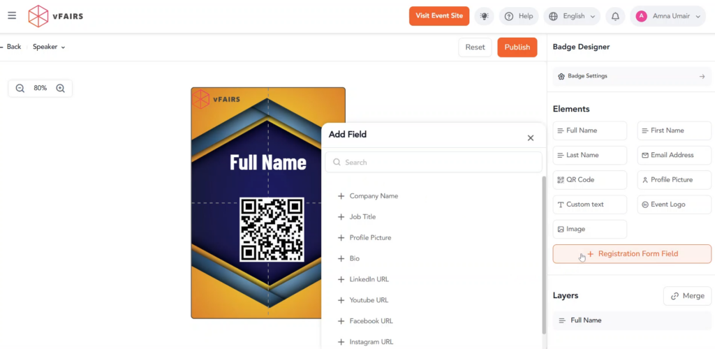 Add registration form fields into event badge design