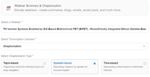 Screenshot of Vfairs webinar summary and chapterization tool to create webinar chapters based on topic, speaker and time 