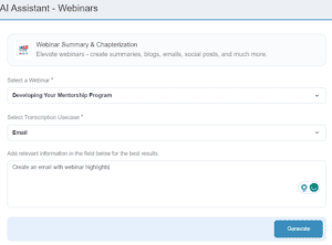 Screenshot of Vfairs webinar summary and chapterization tool to create emails