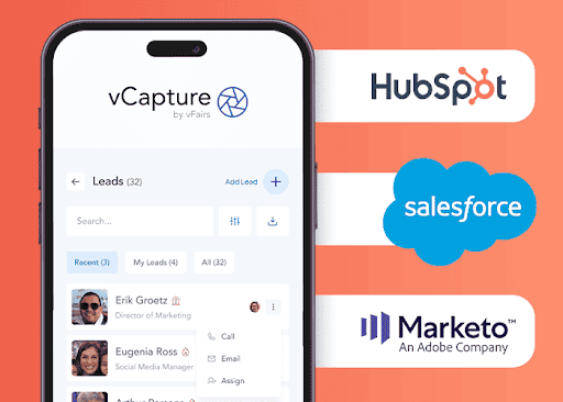 vfairs trade show lead capture app is synced with hubspot, salesforce, marketo