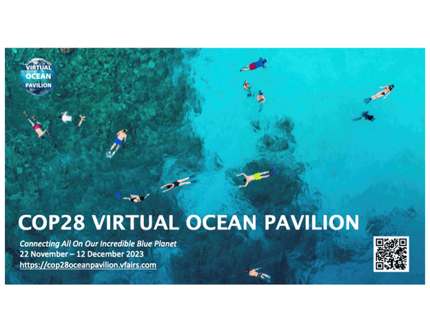 event banner for virtual ocean pavillion with divers and marine life shown in the background and QR code for registrations